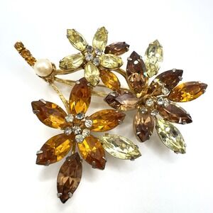 Vintage Vendome Brooch Flower Gold Tone & Rhinestones Flower Pin 3 In BEAUTY